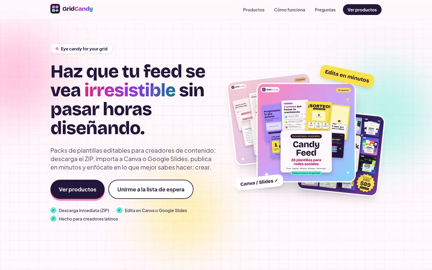 GridCandy storefront showing social media template packs